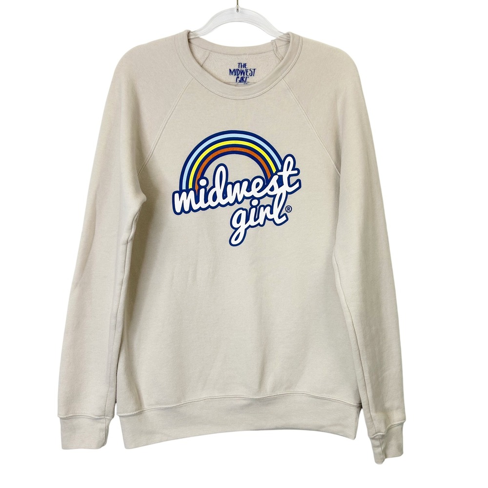 Midwest Girl Rainbow Crewneck Sweatshirt Women's Medium Oversized Ecru Beige